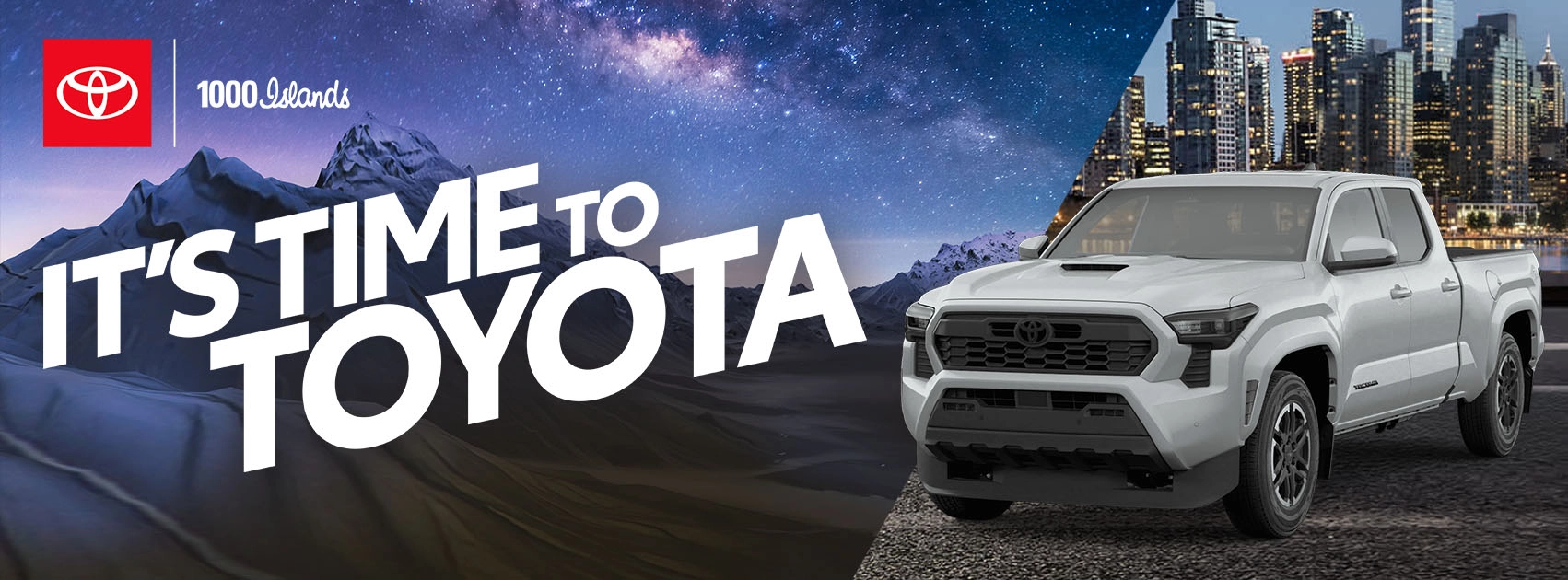 Get In & Go Banner with Toyota Tacoma on mountain slope