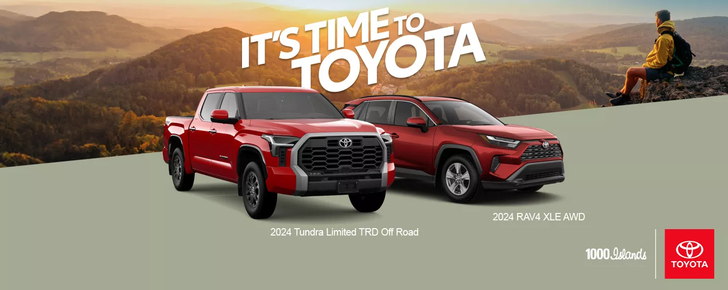 It's Time to Toyota banner with red 2024 Tundra Limited TRD Off Road and Res 2024 RAV4 XLE AWD