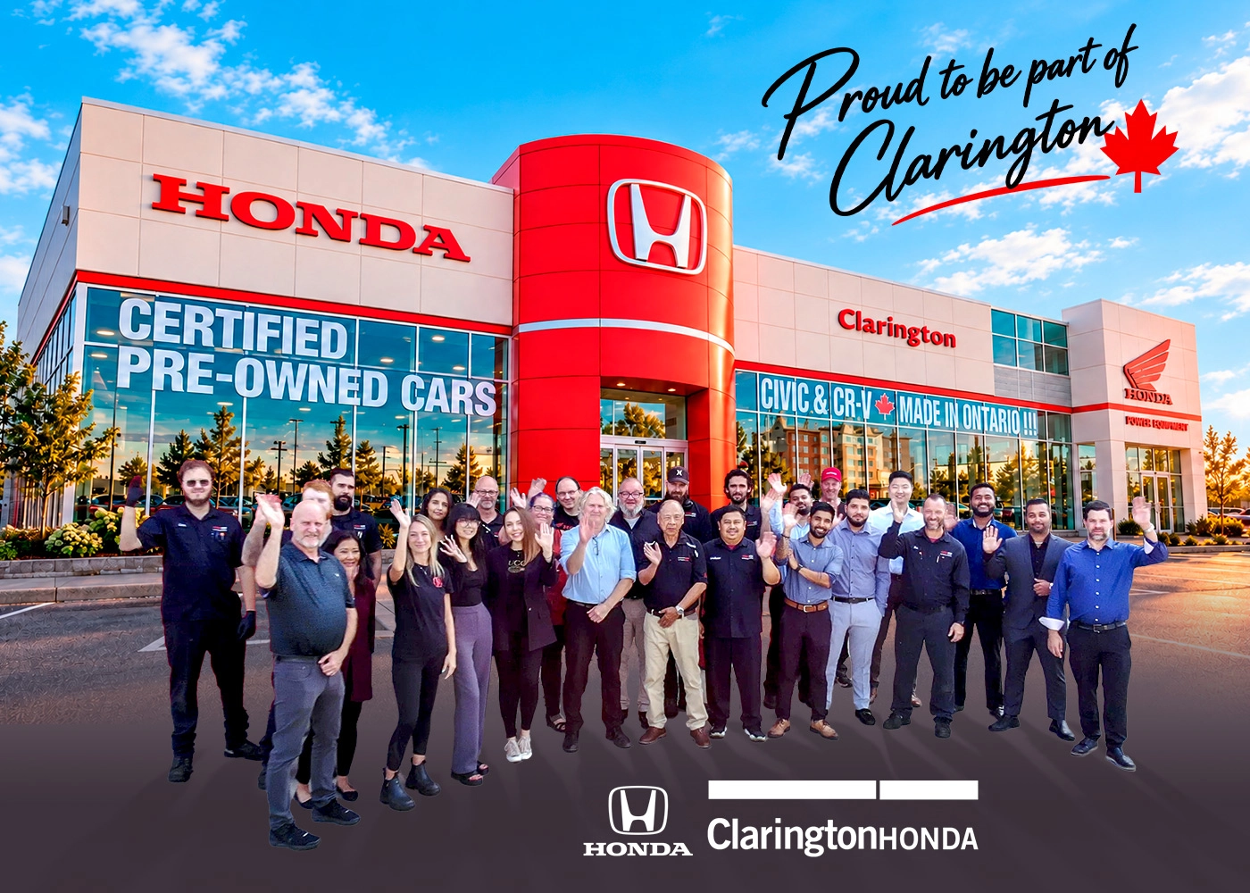 The Clarington Honda team waving outside the dealership in Bowmanville.
